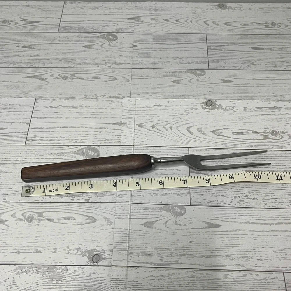 Vintage Stainless Steel Meat Carving Fork Wood Handle Made in USA MCM Kitchen